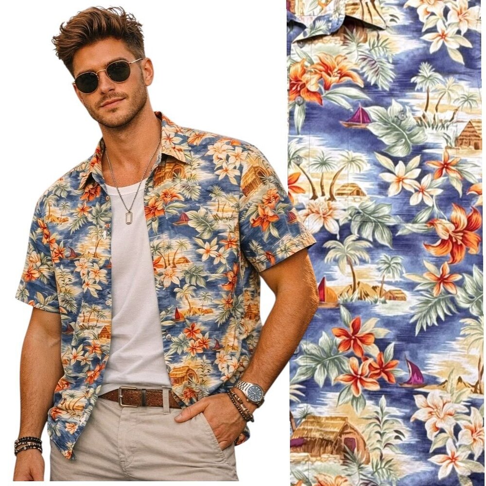 VTG Pierre Cardin Aloha Shirt Island Village Print‎ Mens L Korea Retro Dad